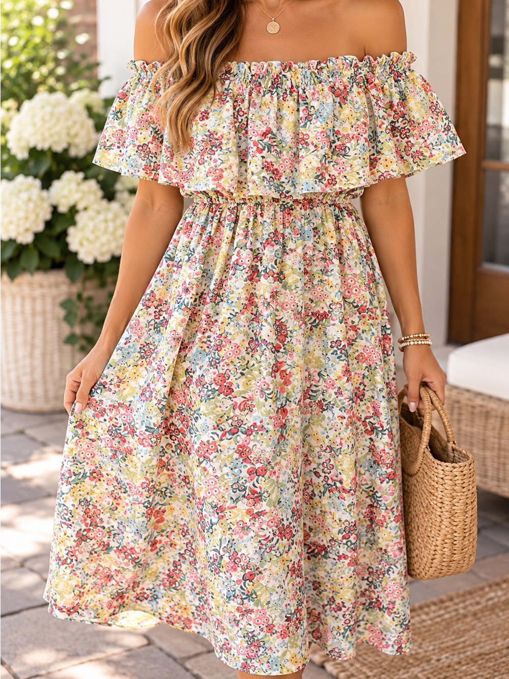 H&M Off-Shoulder Floral Midi Dress in Cream and Pink